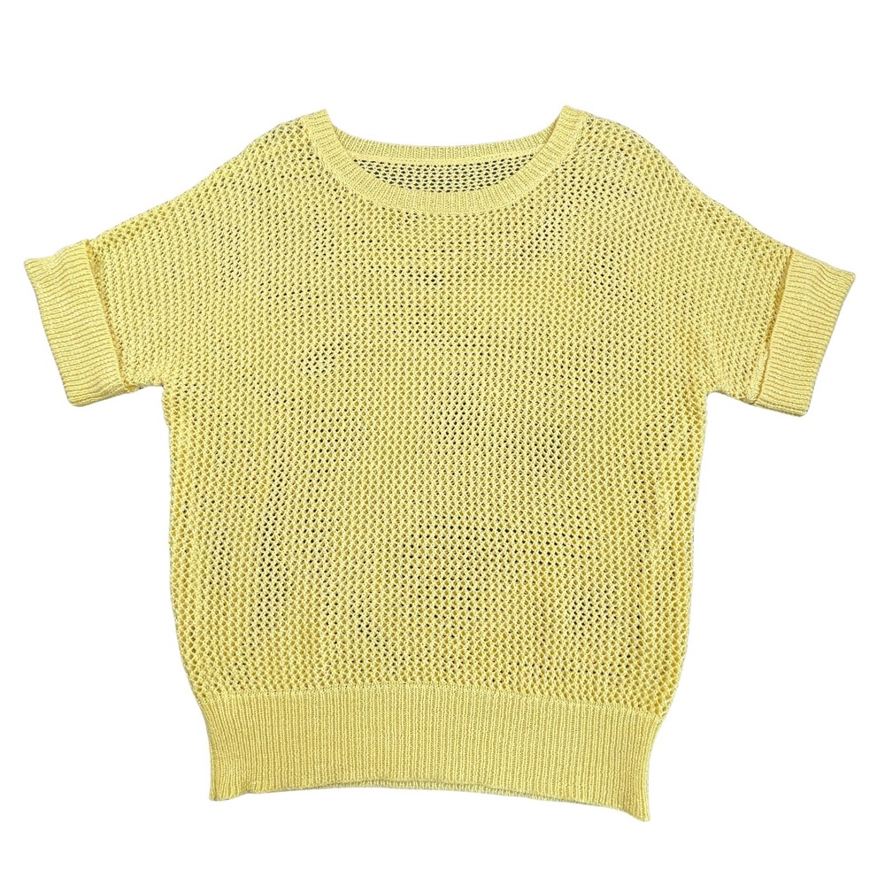 Womens M/L Yellow Boho Coastal Crochet Open Mesh Knit Sweater Top SS Slouchy